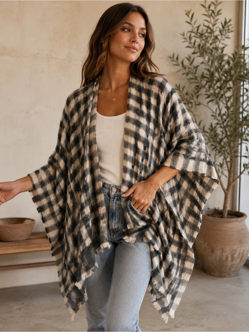 WORLD MARKET Plaid Basketweave Open Front Poncho Wrap Cream Gray OS